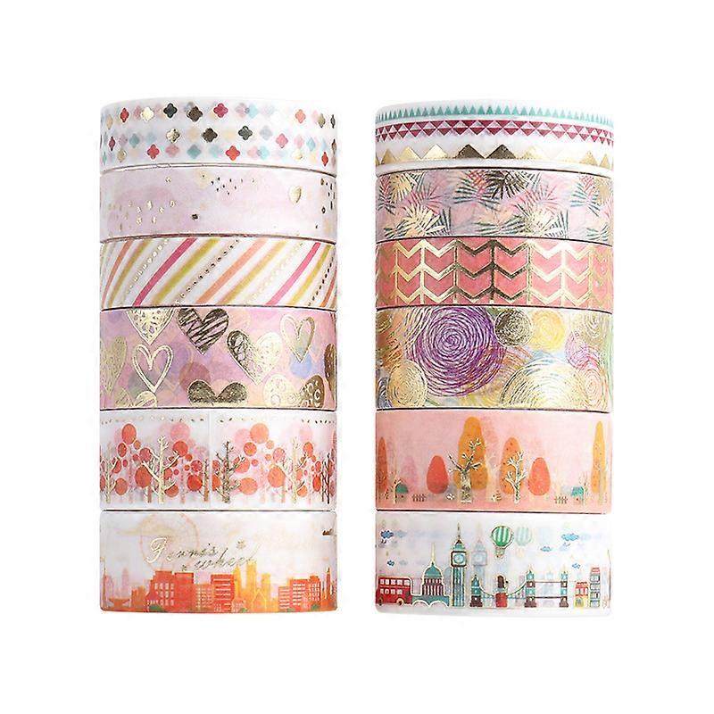 Adhesive Tape Set With 12 Rolls Of Cute Gold Foil, Various Decorative Patterns, And Masking Tape For Diy Handicrafts And Gift