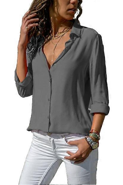 Women's Blouses Long Sleeve Shirts Simple Solid Color Grey Turn Down Collar Fit Single Breasted