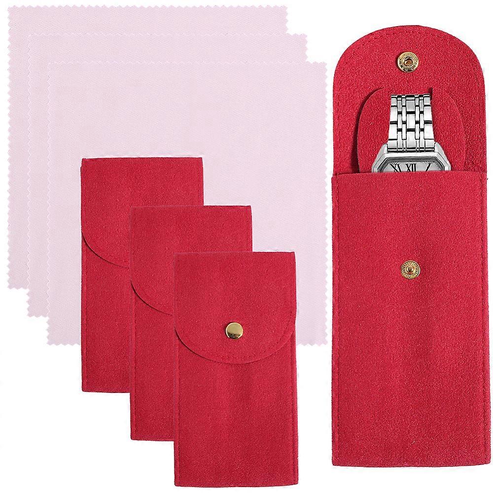3 Sets Rectangle Velvet Single Watch Storage Bags with 3 Sheets Microfiber Glasses Cloth Crimson Bag: 13x7x0.9cm
