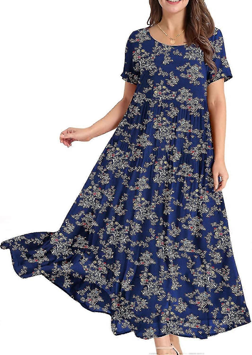 Kvinnor Klänningar Casual Plus Size Bohemian Kortärmad Blommig Lång Maxi Summer Beach Swing Klänning / fickor