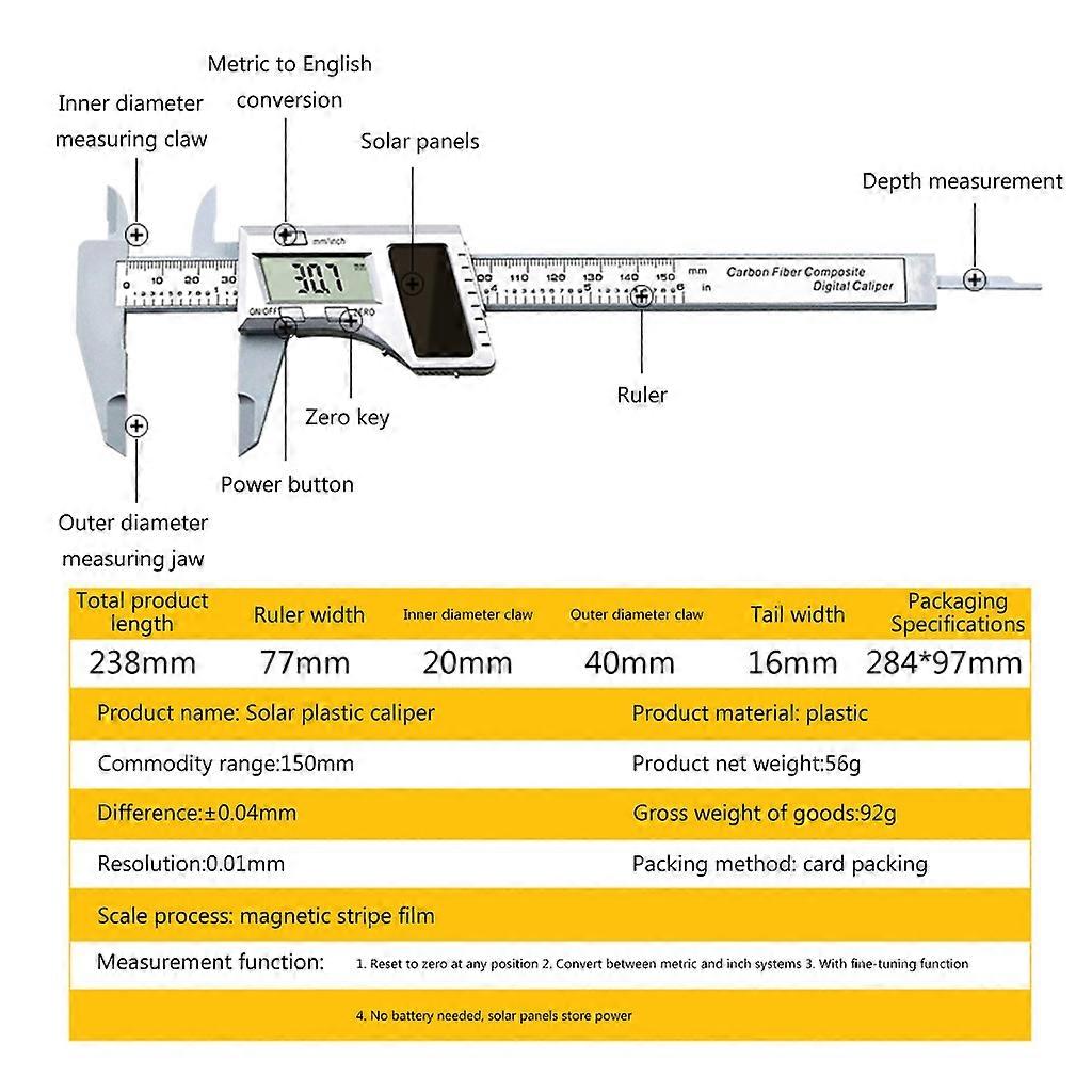 Digital Caliper No Battery Required LCD Display for Exterior Interior & Depth