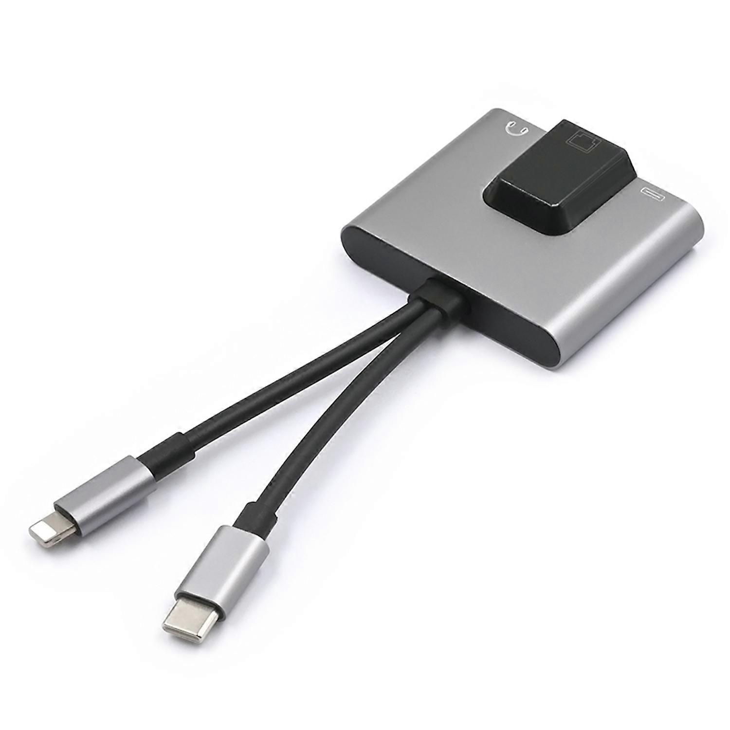 Type A 2-in-1 iP/Type-C Ethernet Adapter 100Mbps Network Card 3.5mm Audio Jack Converter