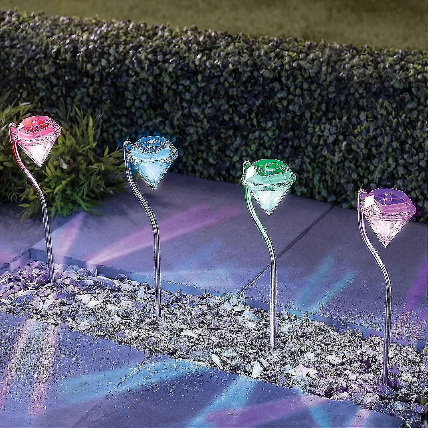 Set Of 4 Solar Lamp, Color Changing Stainless Steel Diamond Shaped Outdoor Solar Lamp