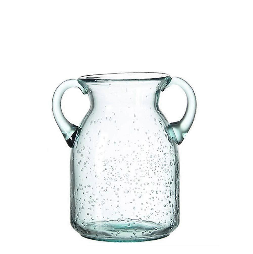 Flower Vase Glass Small Handmade Decorative Vase with Double Ear Design and Air Bubbles in Bluish Color for Home Decor