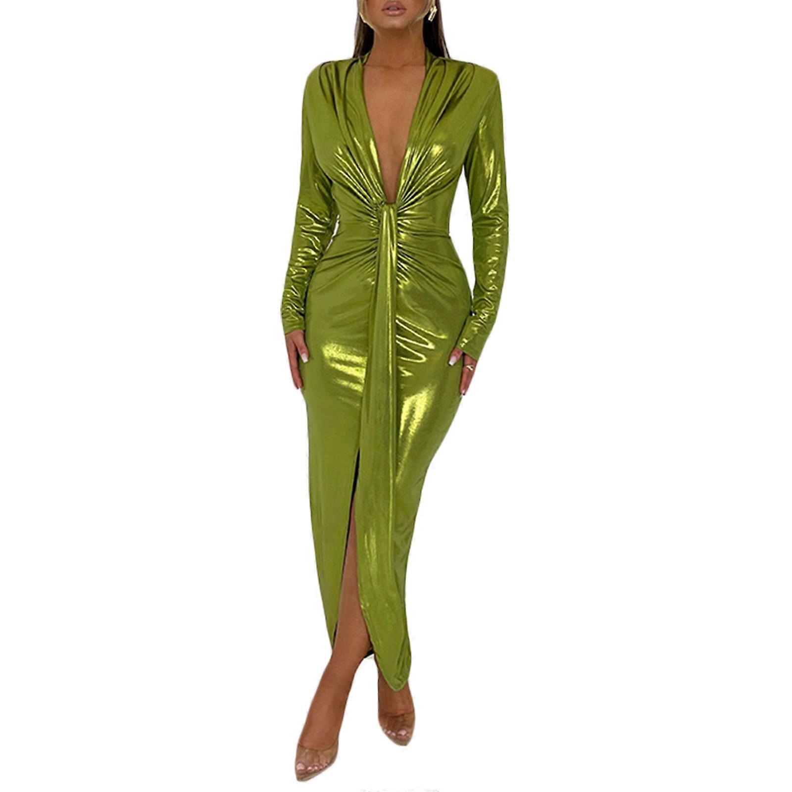 Trendy Bayanlar Bodycon Maxi Elbise Uzun Kollu Şık ve Basit V Yaka Parti Elbiseleri Kadınlar için Yeşil S