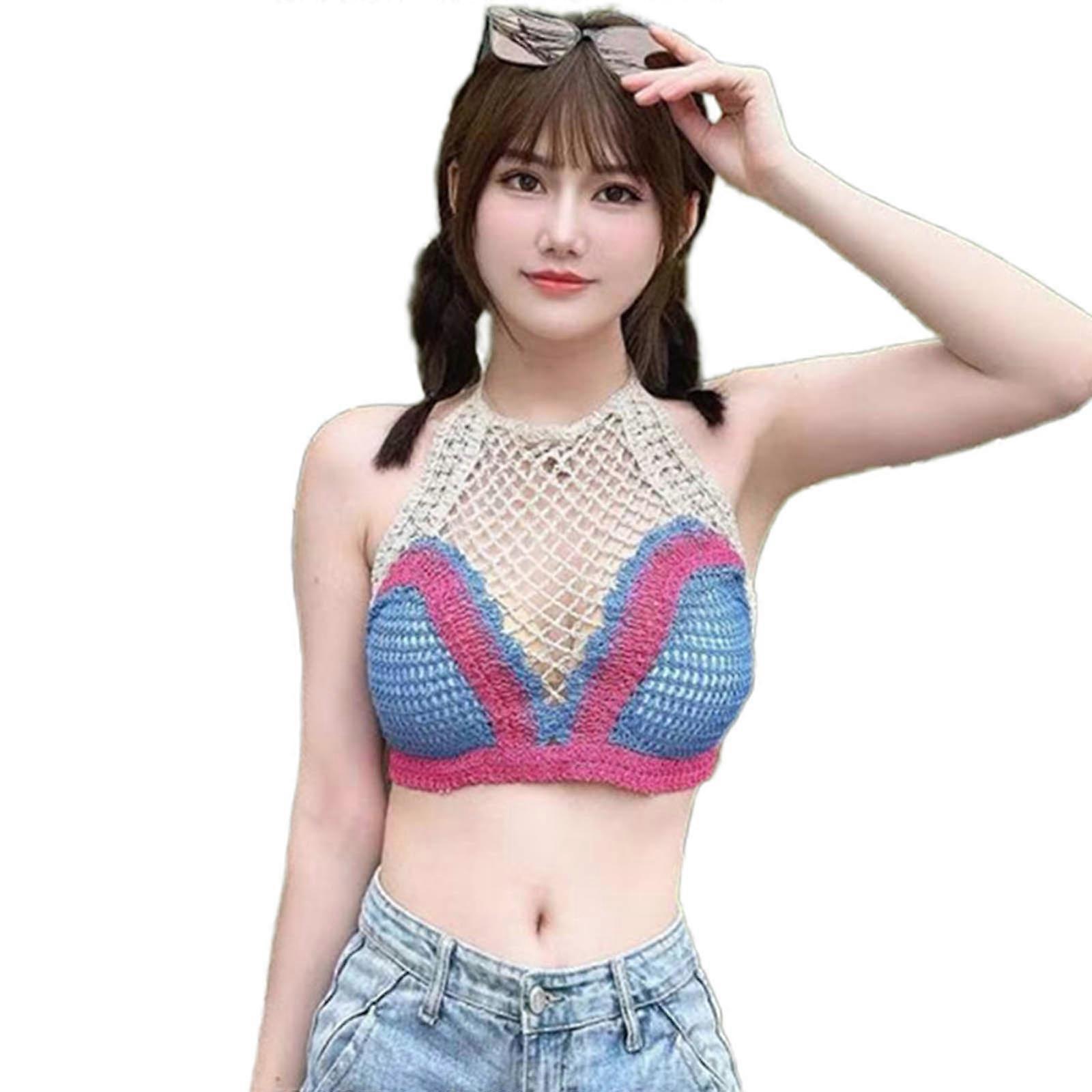 Patch Color Tanks Vest Hollows Daily Tops Knitted Ribbed Summer Cute Shirt Sleeveless Sweet Patchwork Shirts Top  One Size Blue