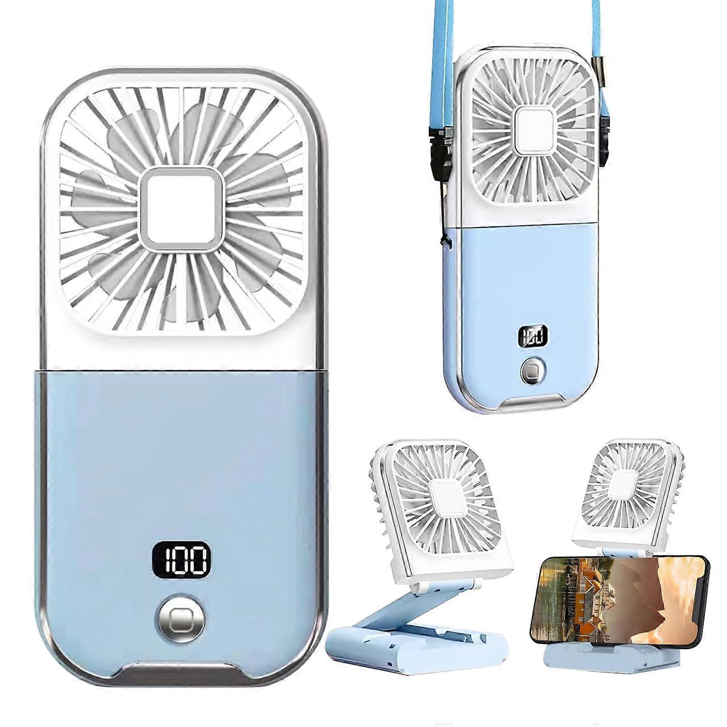 Foldable mini -portable fan, 5 -way design, 3000mAh rechargeable battery, 4 fast adjustable wind speed, travel, outdoor, camping, car (blue and white)