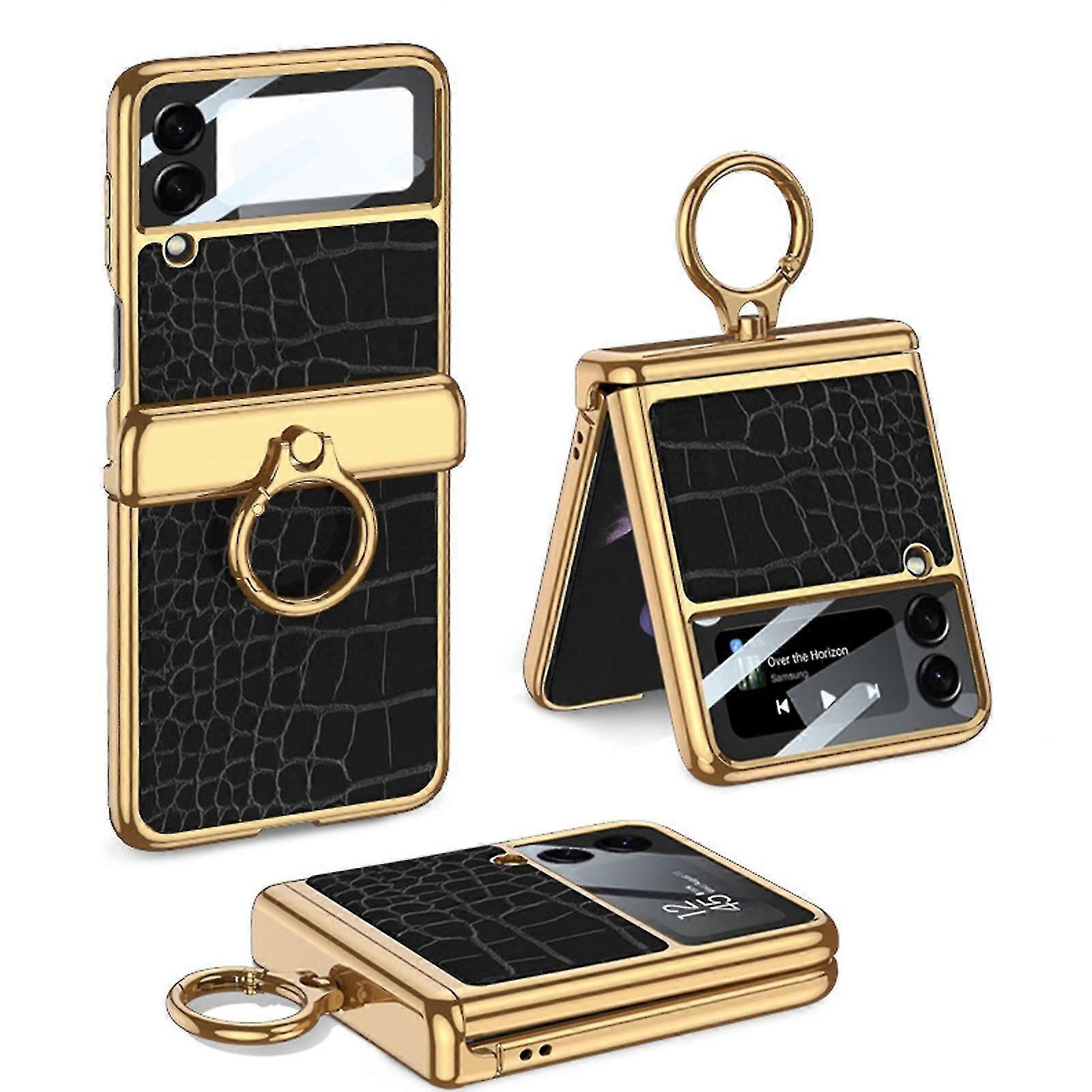 Magnetic Hinges Electroplated Leather Crocodile Pattern Case Compatible With Samsung Galaxy Z Flip3 With Ring Holder