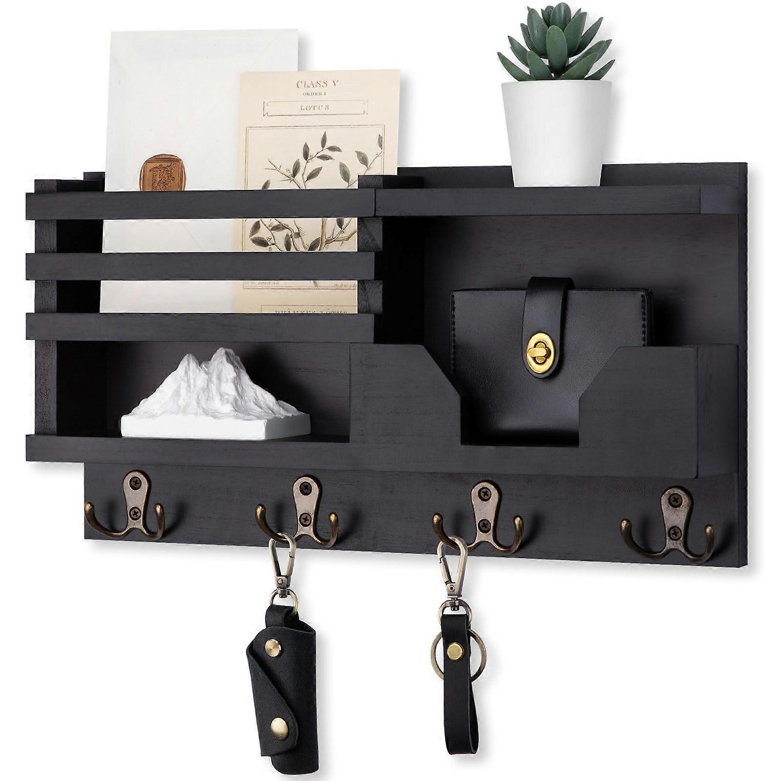 Entry Wall Organizer with Shelves, Mail and Key Organizer - Paulownia with 4 Double Hooks