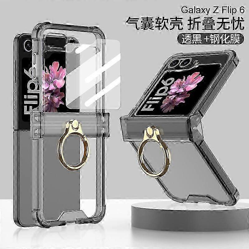 Soft TPU Transparent Shockproof Hinge Protection Phone Case for Samsung Galaxy Z Flip 6 with Back Screen Protector & Ring Holder Kickstand