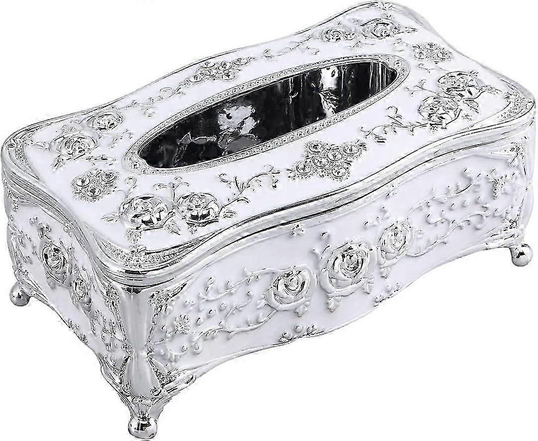 Tissue Box Square Plastic with Pointed Edge Flower Pattern Facial Tissue Box Tissue Dispenser (Silver)
