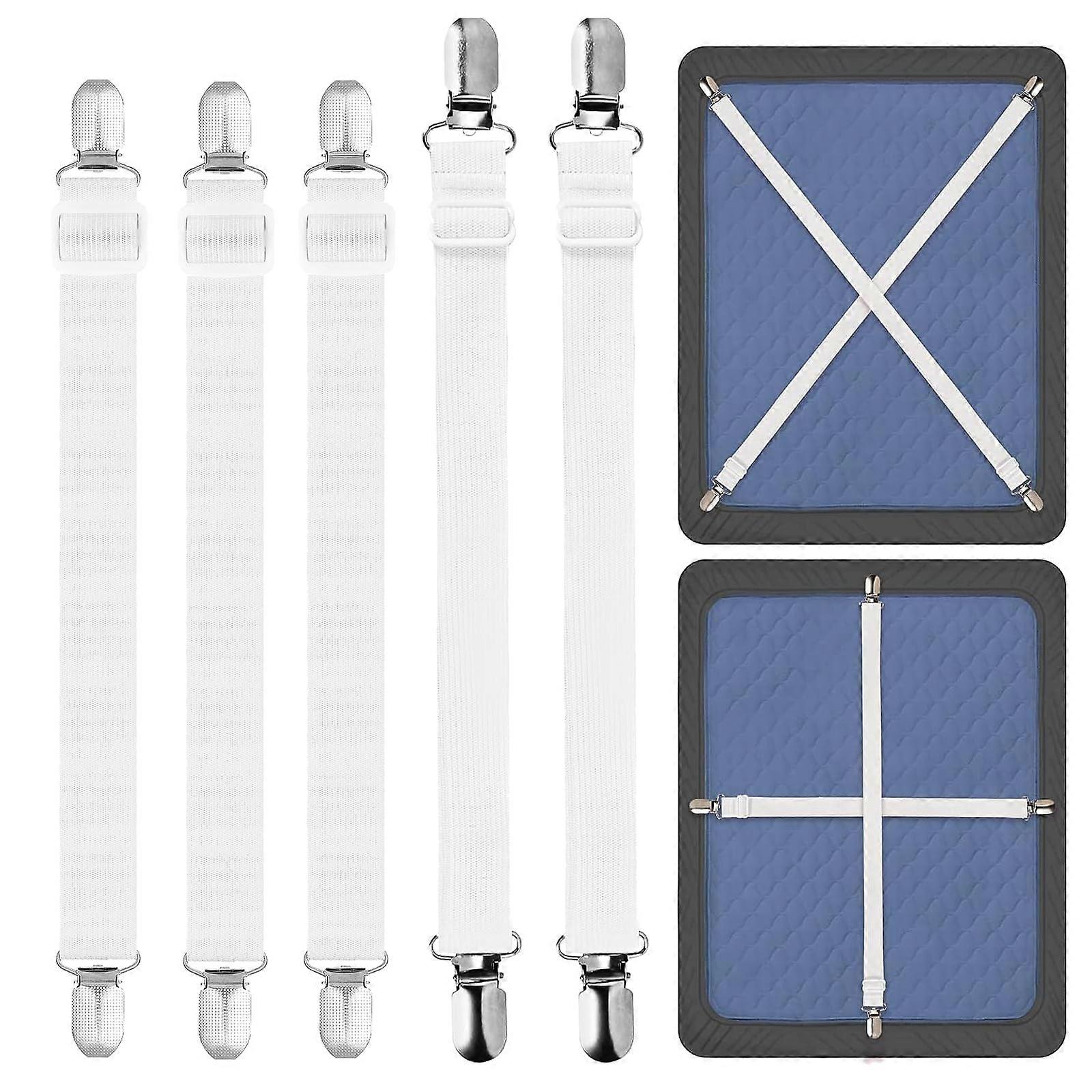 Pack of 5 Fitted Sheet Holders, Elastic Bed Sheet Tensioners, 2 Sizes, Adjustable, White with Metal Clips