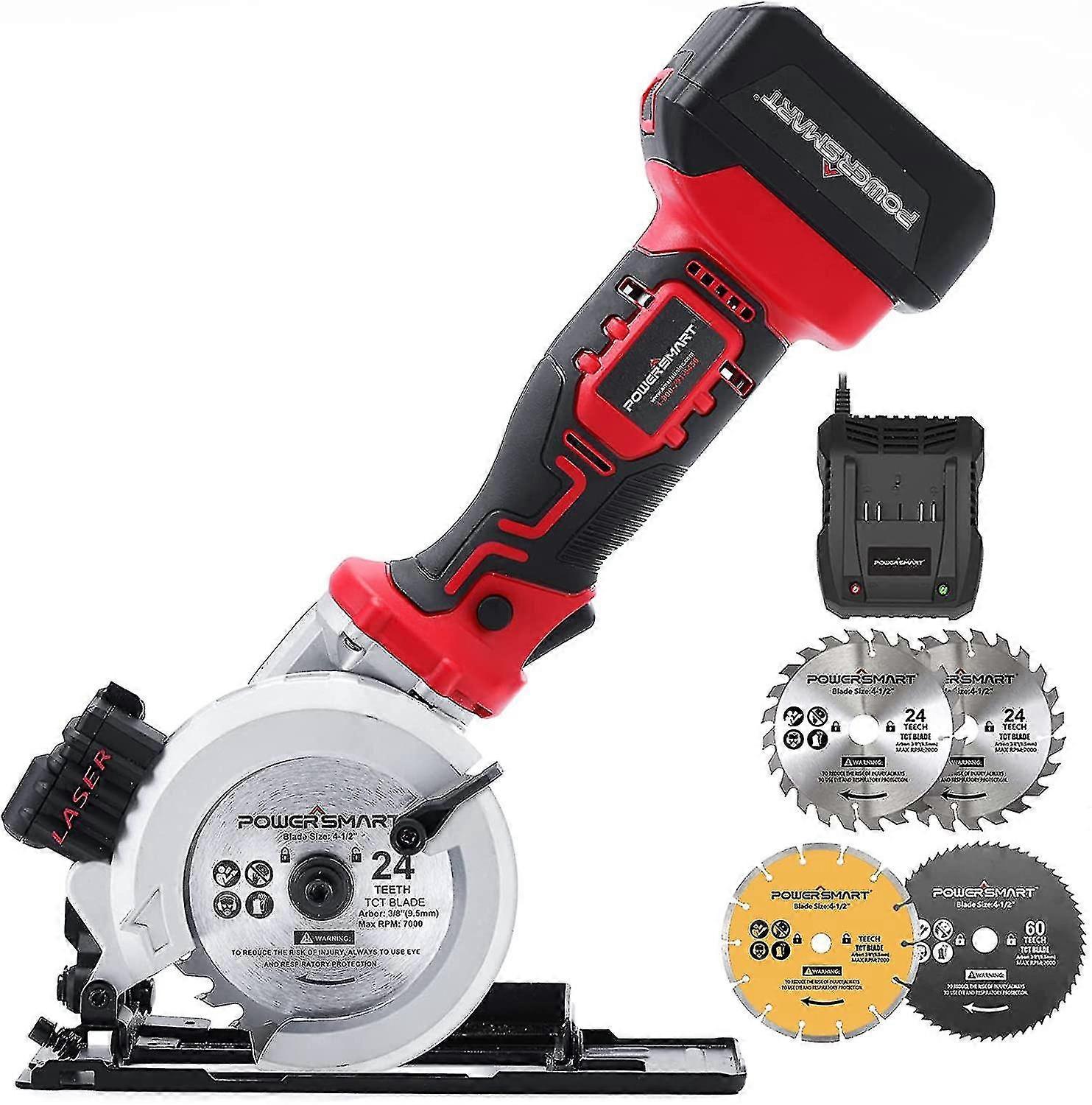Cordless Mini Circular Saw, 20v 4 1/2 Inch Size, 4500 Rpm, Includes Laser & Parallel Guide, 4 Blades for Wood, Soft Metal and Tile, 4.0 Ah B
