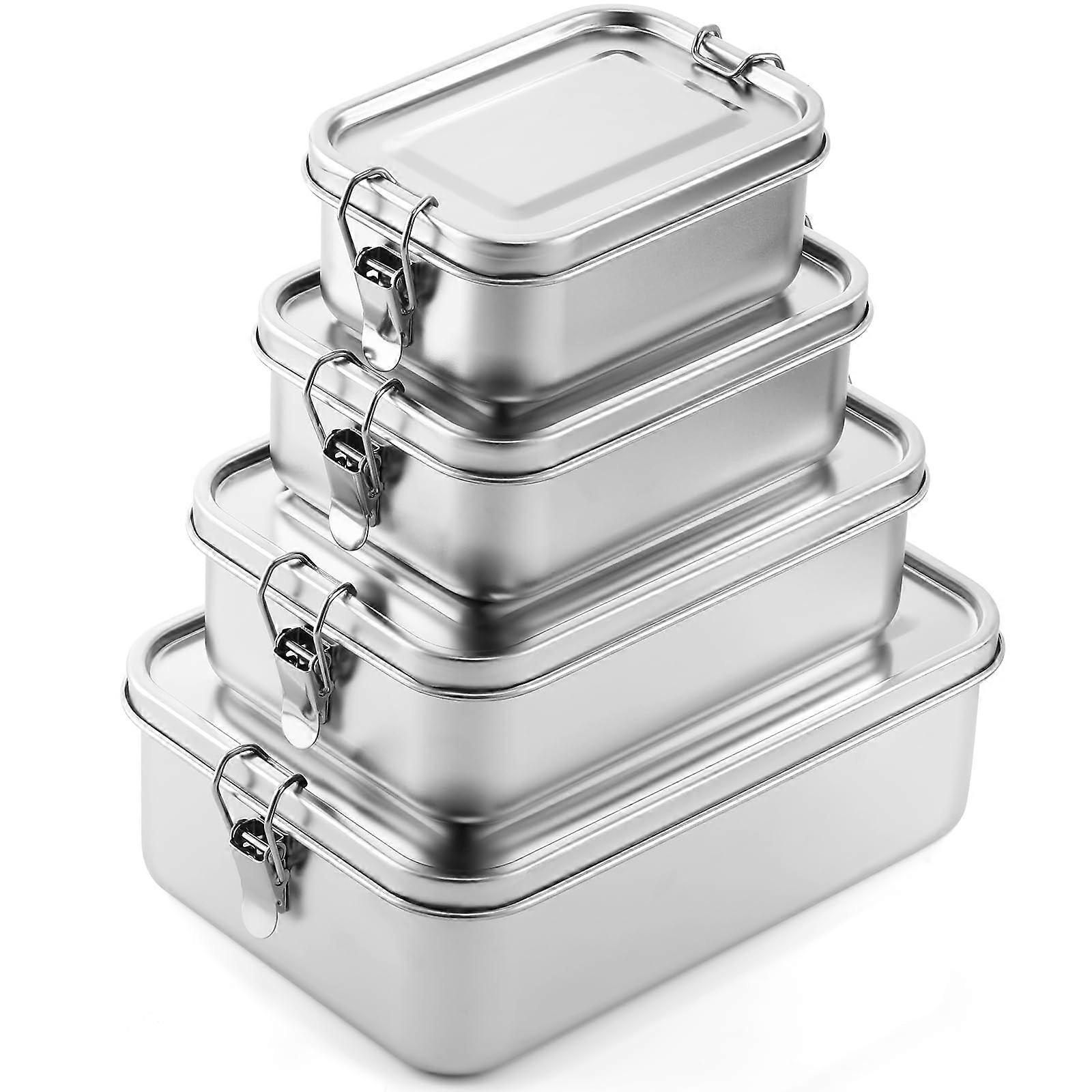 Stainless Steel Food Containers Set of 4, Metal Bento Lunch Boxes, Lockable Leakproof Food Storage for Work and Picnic