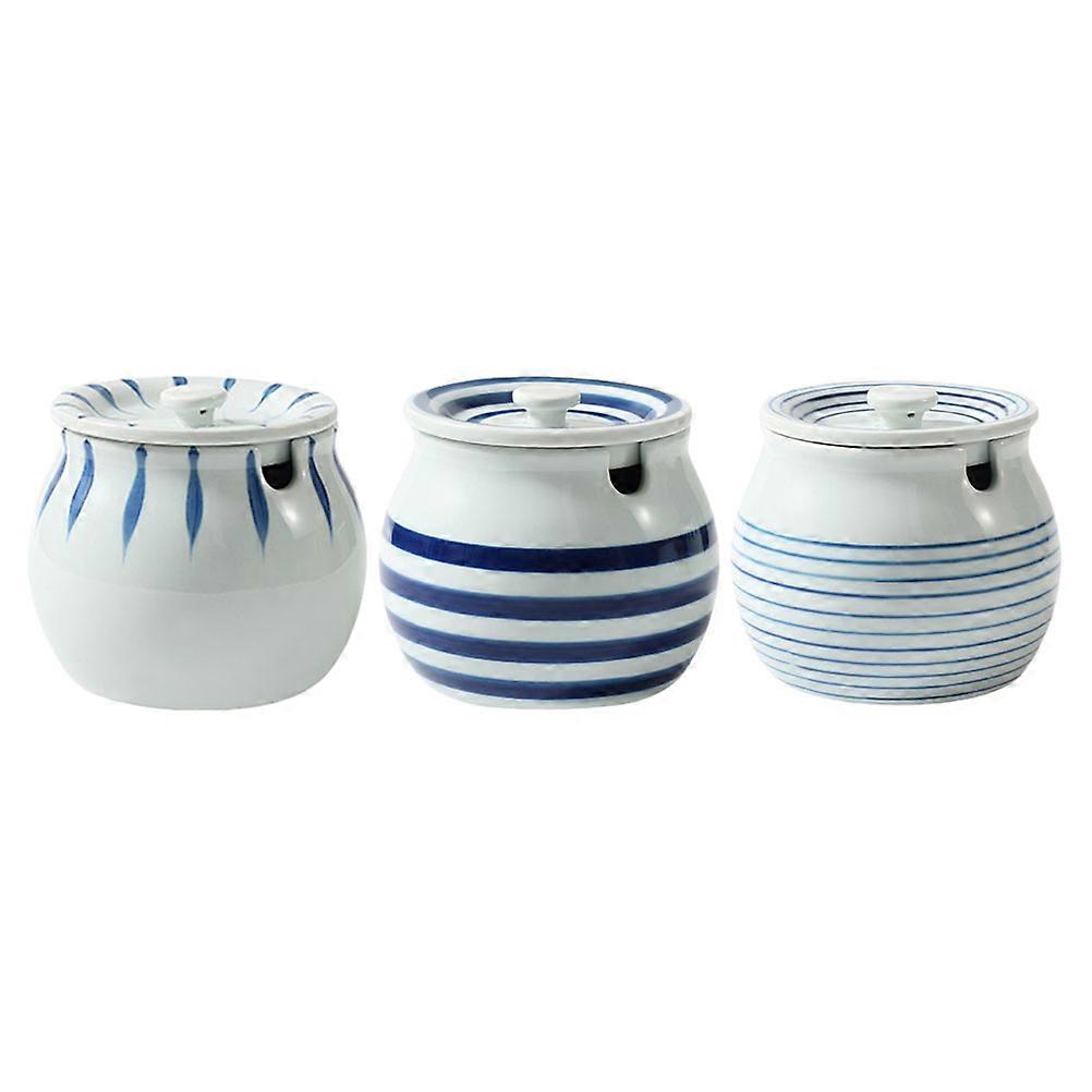 3 Sets Japanese Ceramic Canisters with Lid Hand Painted Condiment Pots for Oil, Sugar, Vinegar Storage Versatile Kitchen Bowls for Snacks and