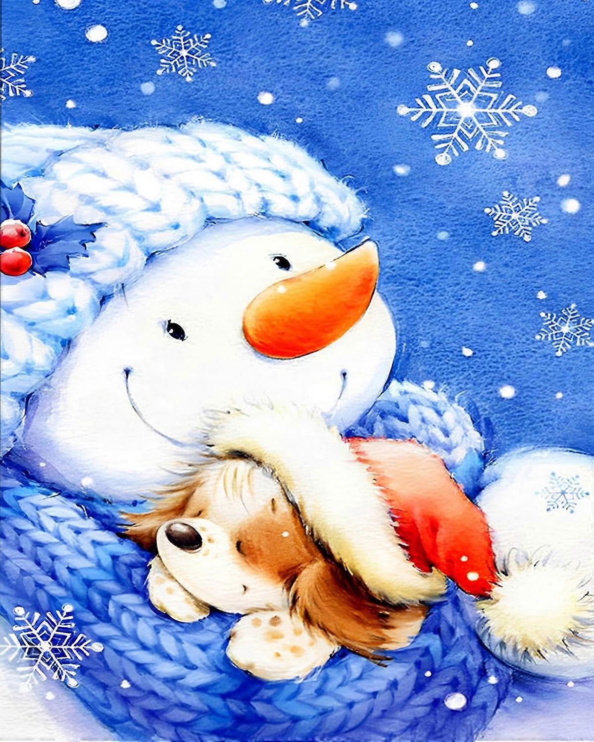 Malen Nach Zahlen Erwachsene DIY Öl Gemälde Leinwand Set 40x50 cm Cartoon Weihnachten Schneemann Hund Mit 3 Pinseln und Acrylpigment