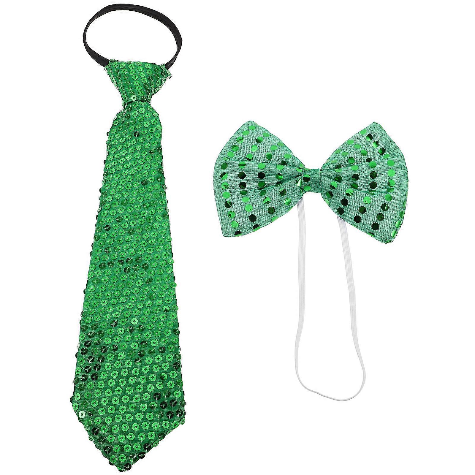 St Patricks Day Sequin Bow Tie And Necktie Set Irish Design Green Large Bow Tie Festive Accessory 1Set