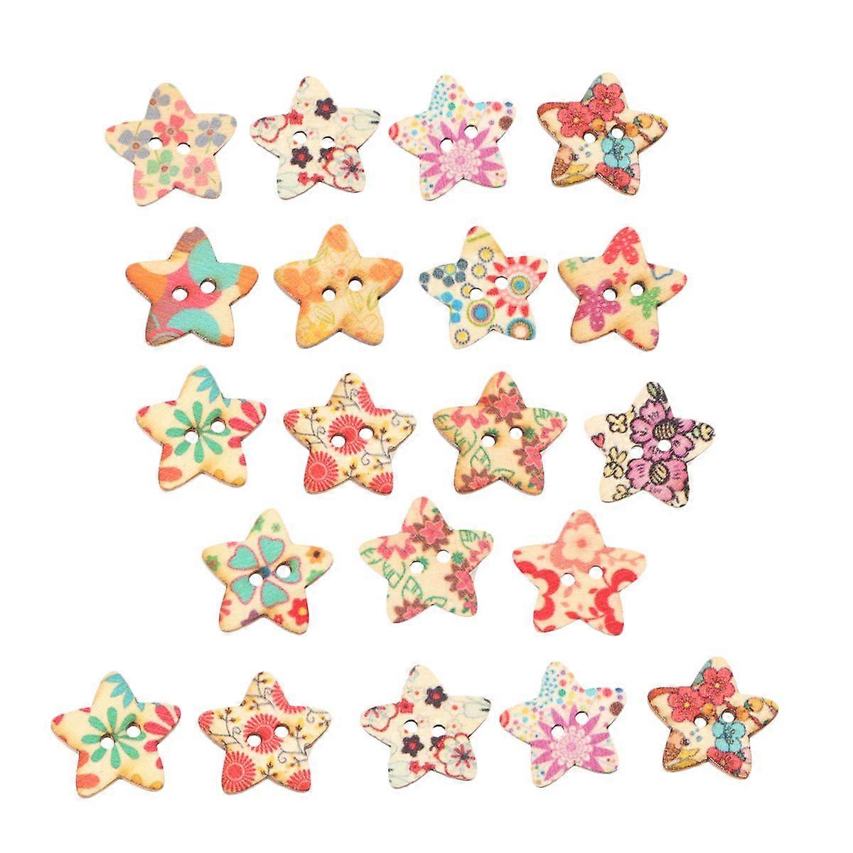 100PCS Star Shape Wood Buttons Colorful Pattern Two Holes DIY Buttons for Sewing Scrapbook Decoration