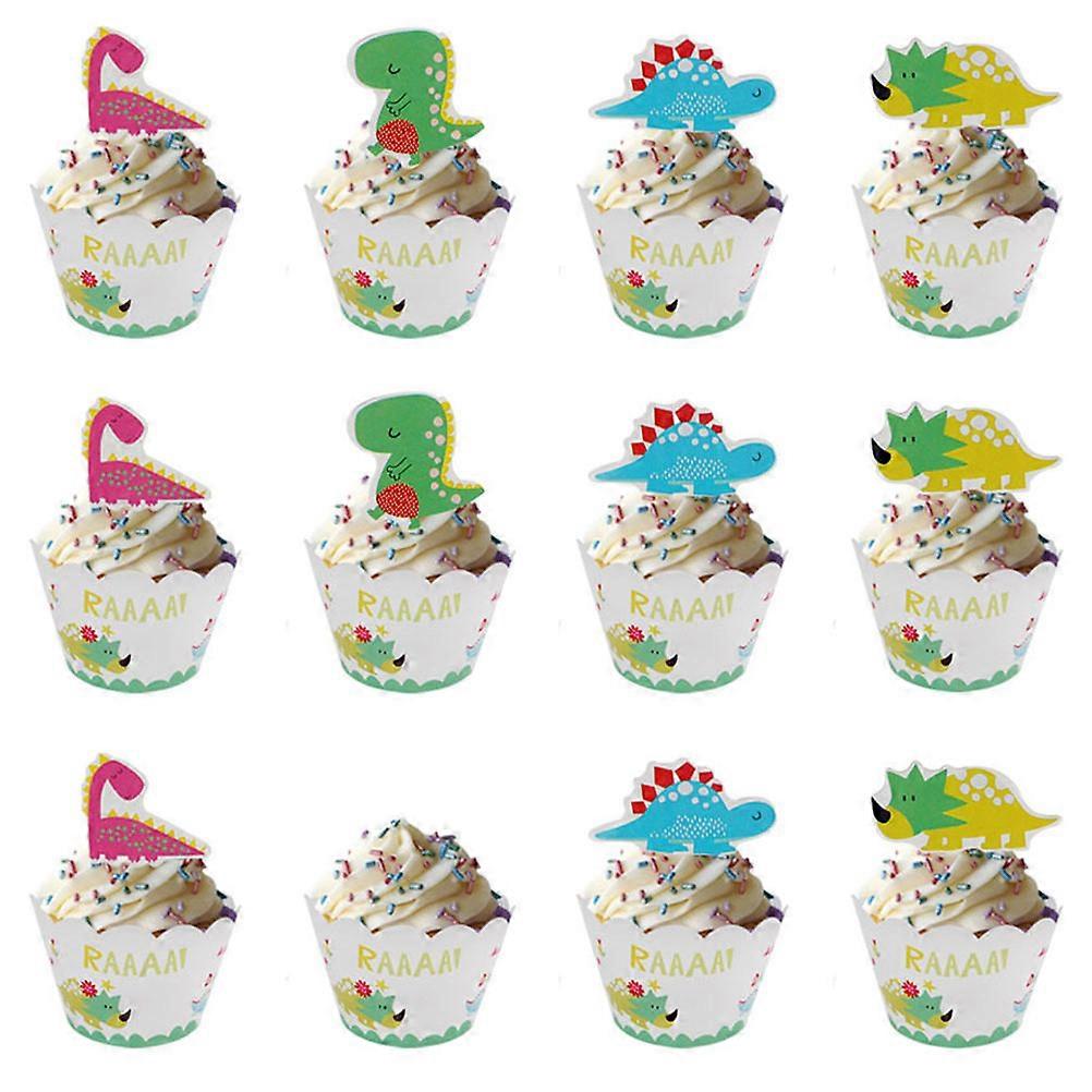 Dinosaur Cupcake Wrappers and Toppers for Decoration Assorted Supplies 12pcs Each