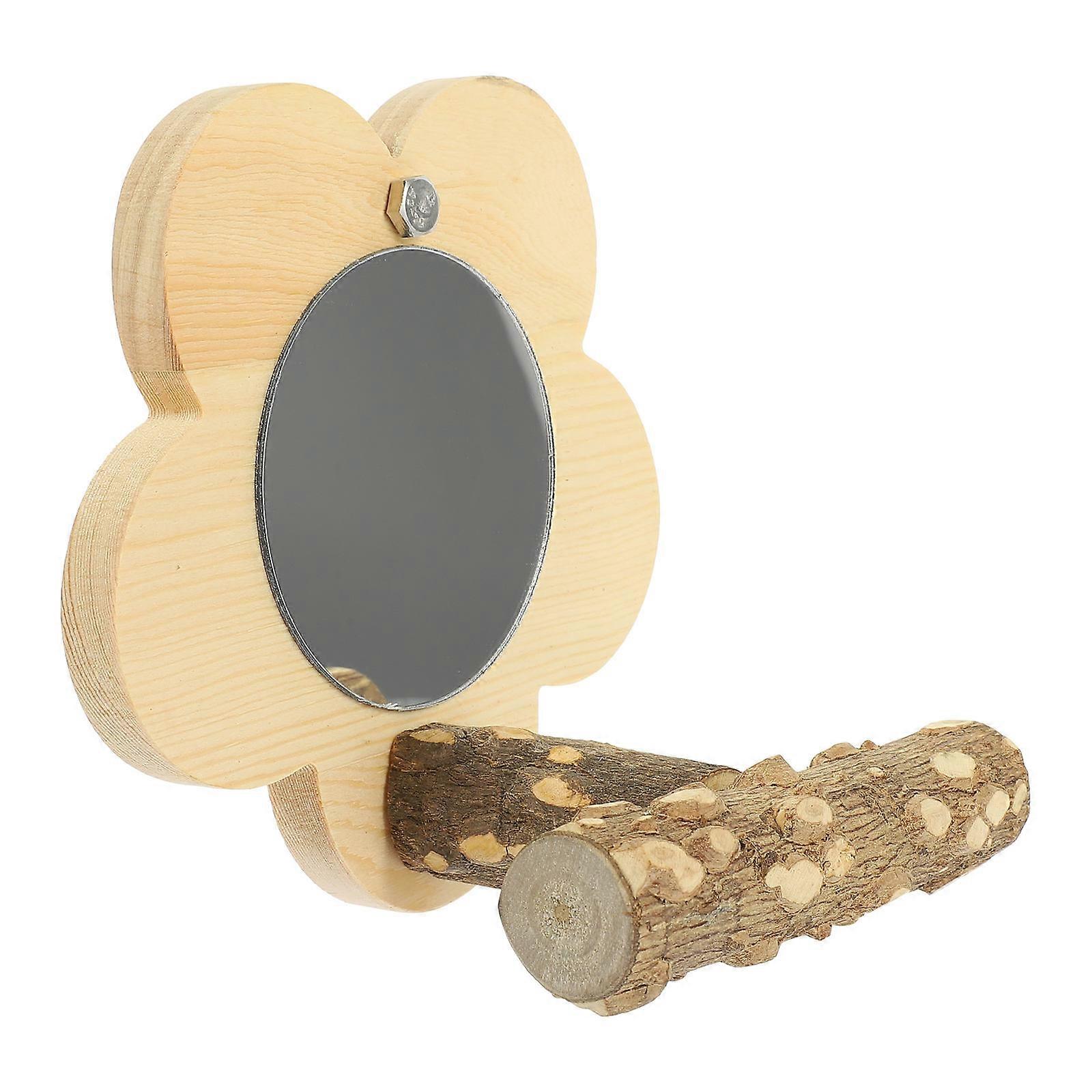 Adorable Khaki Bird Perch with Mirror for Pet Use Durable Synthetic Material Parrot Toy Wooden Rod