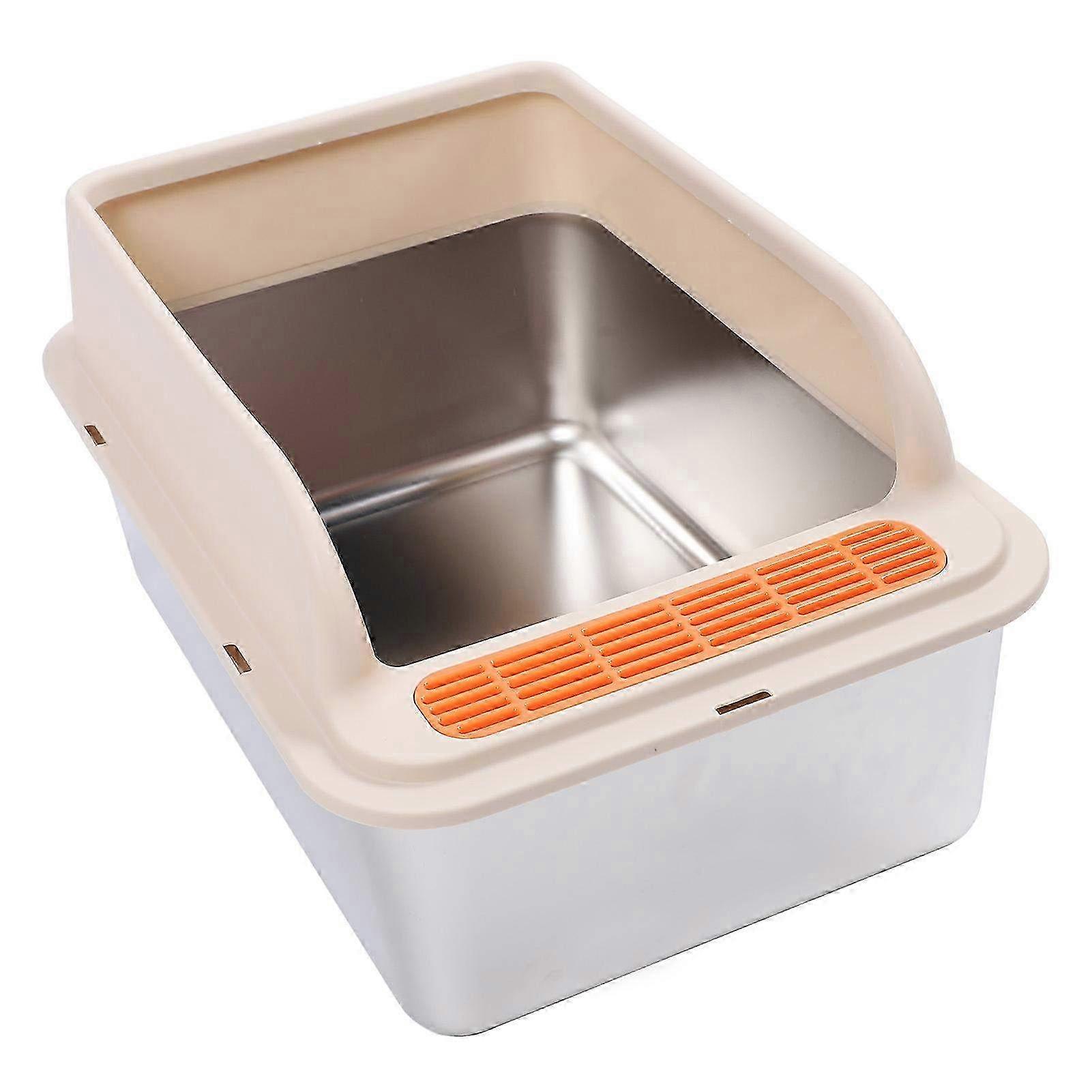 Extra Large Stainless Steel Cat Litter Box with Splash Proof Design - Easy to Clean Open Top for Multiple Cats in Khaki