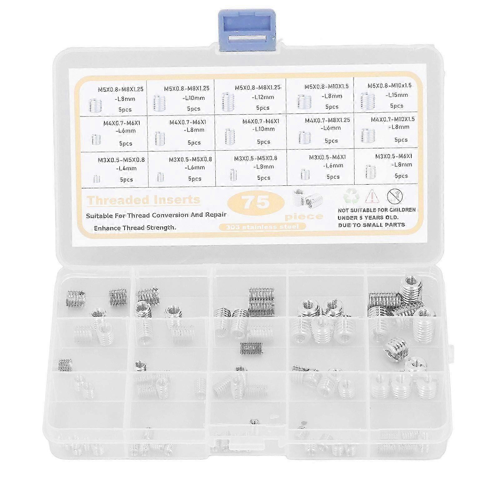75PCS Insert fileté en acier inoxydable Argent résistant à l’usure M3 M4 M5 Kit d’écrou à filetage interne