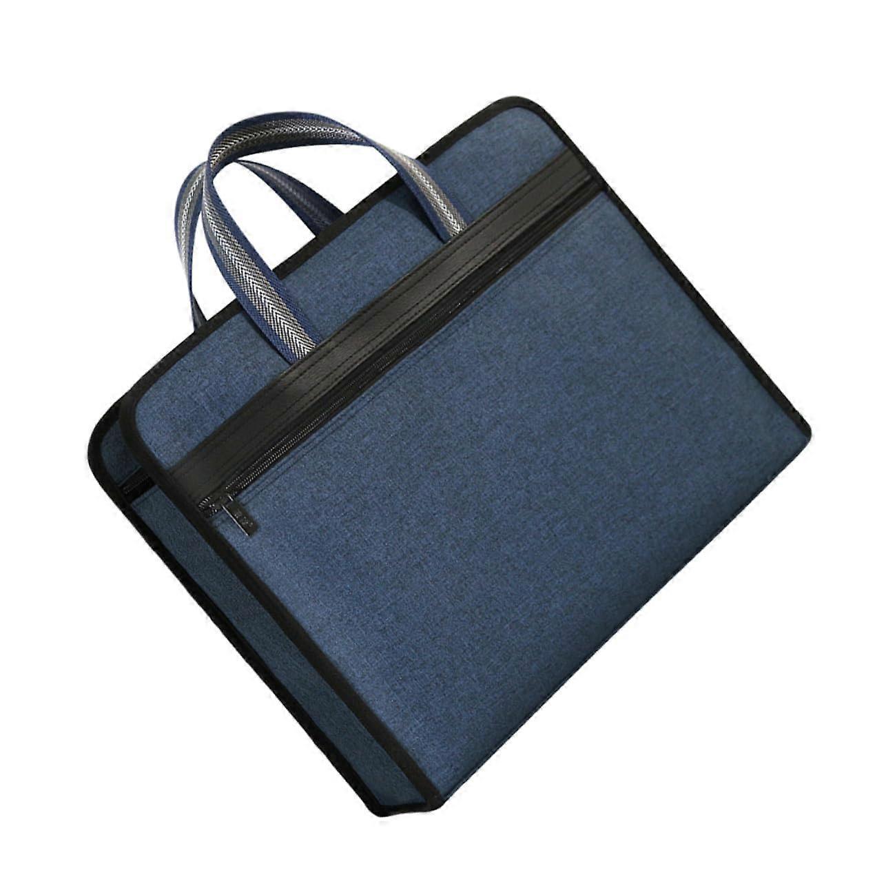 Multilayer Canvas File Bag for Women, Dark Blue Portable Document Organizer with Zipper Closure, Professional Office Tote Folder