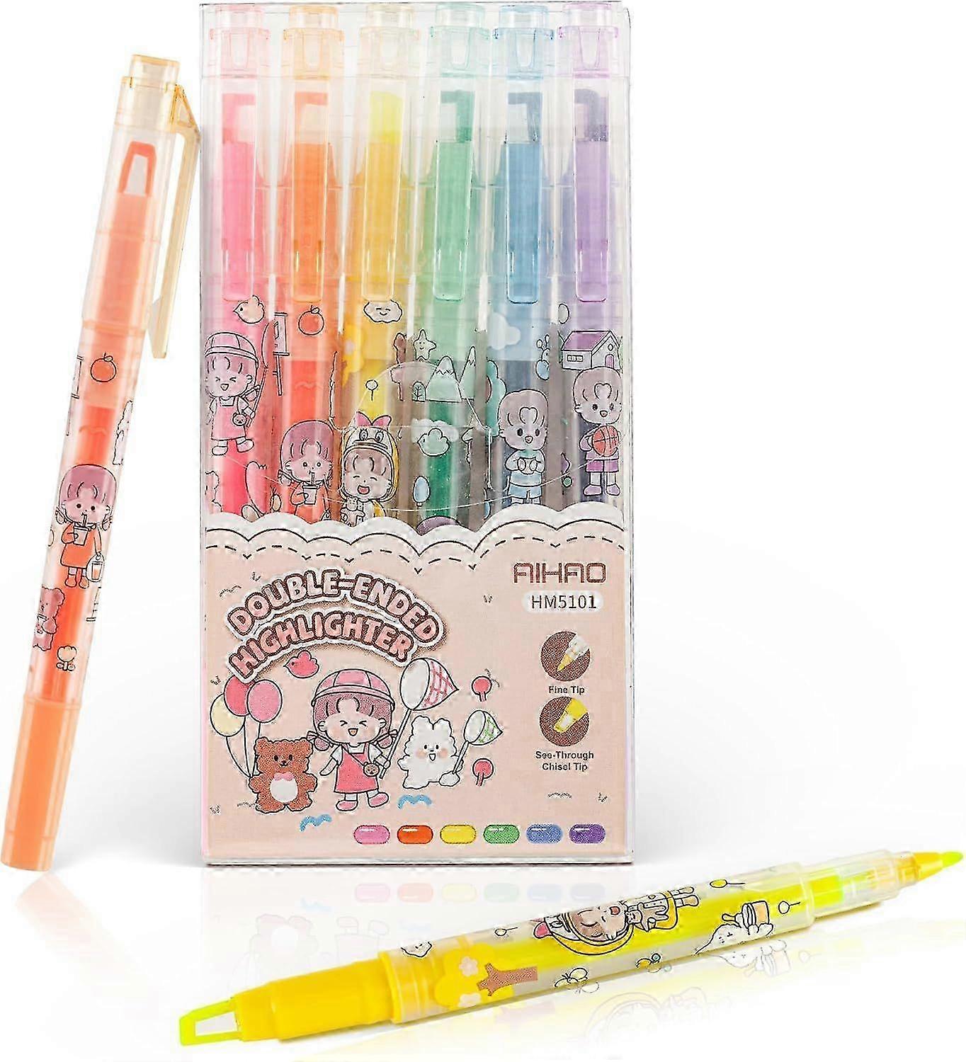 6-Piece Dual-Tip Highlighter Set - Assorted Colors with Clear Chisel &amp; Fine Tips for Precise Highlighting Marking