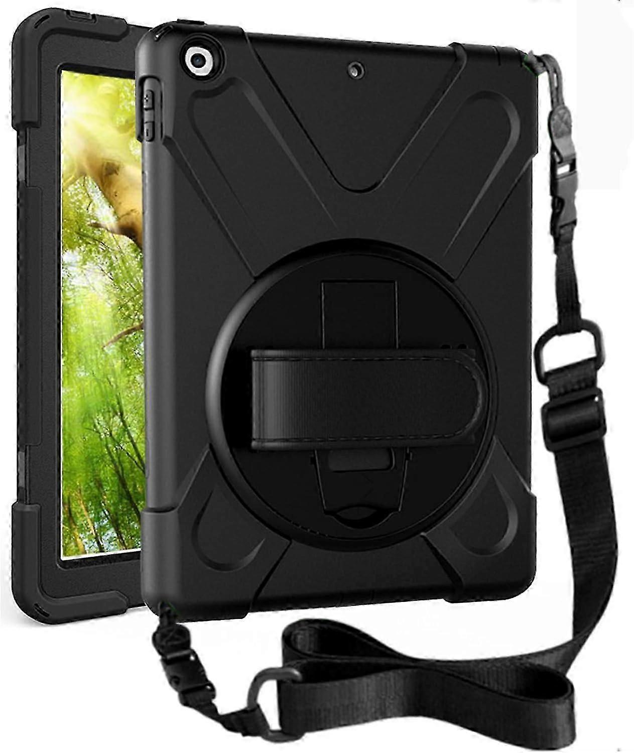 iPad 9th/ 8th/ 7th Generation Case 10.2, Shockproof with Screen Protector 360 Rotating Hand Strap &Stand, for 10.2 inch 2021/2020/2019 (Black)