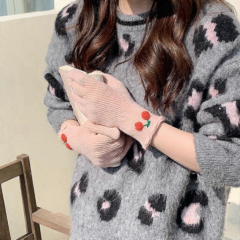 ins style high value small cherry ruffle gloves women's winter warm knitted gloves touch screen split finger gloves