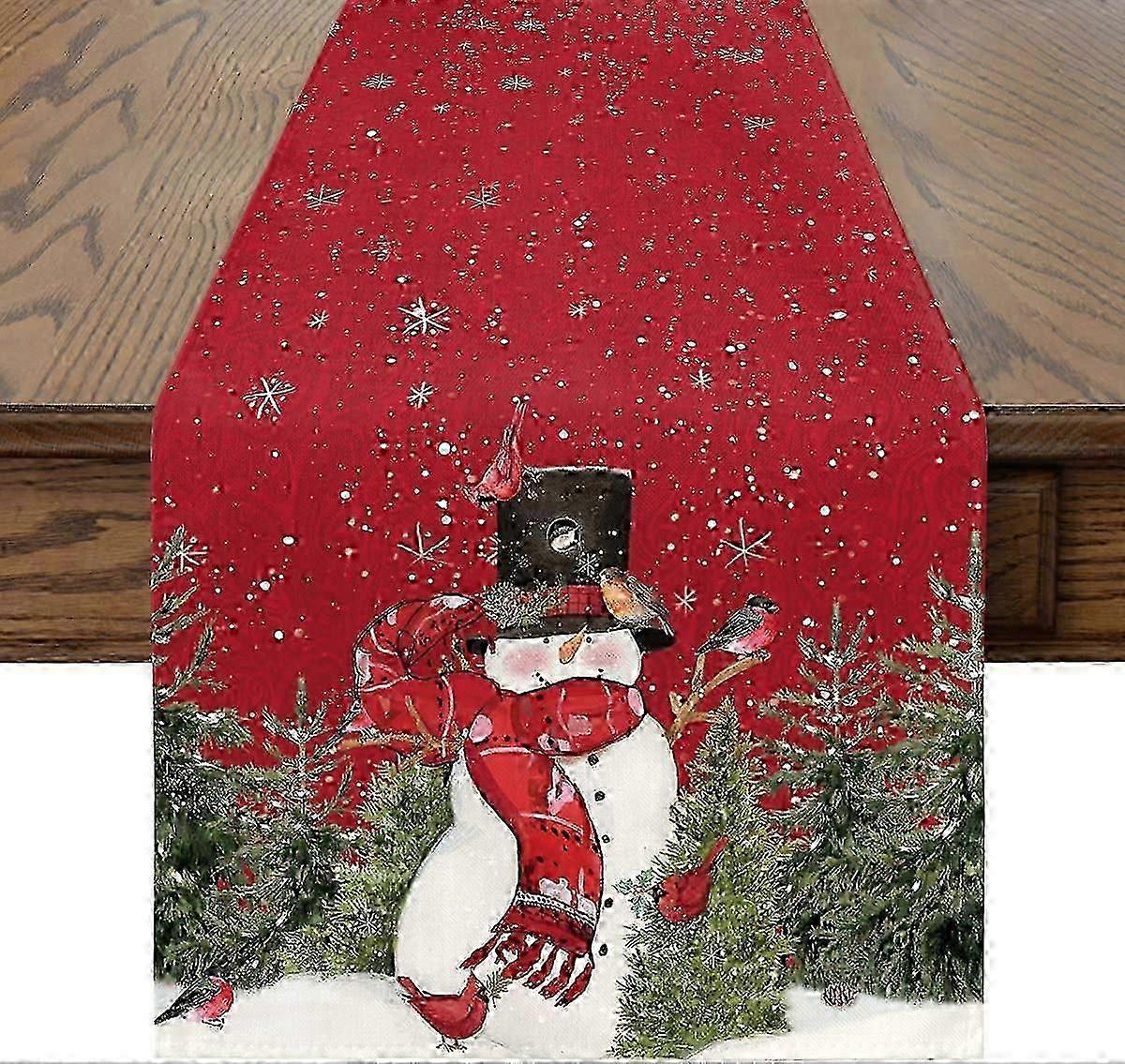 Snowman Christmas Birds Trees Table Runner, Seasonal Winter Xmas Holiday Kitchen