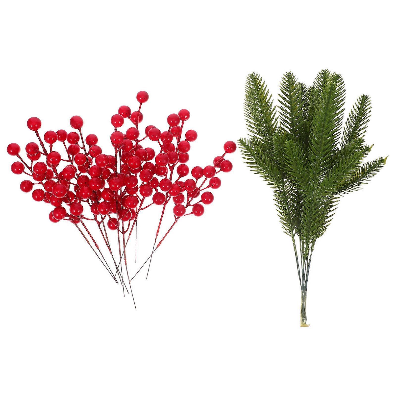 Holiday Decor Artificial Red Berry Stems with 80Pcs Faux Pine Branches