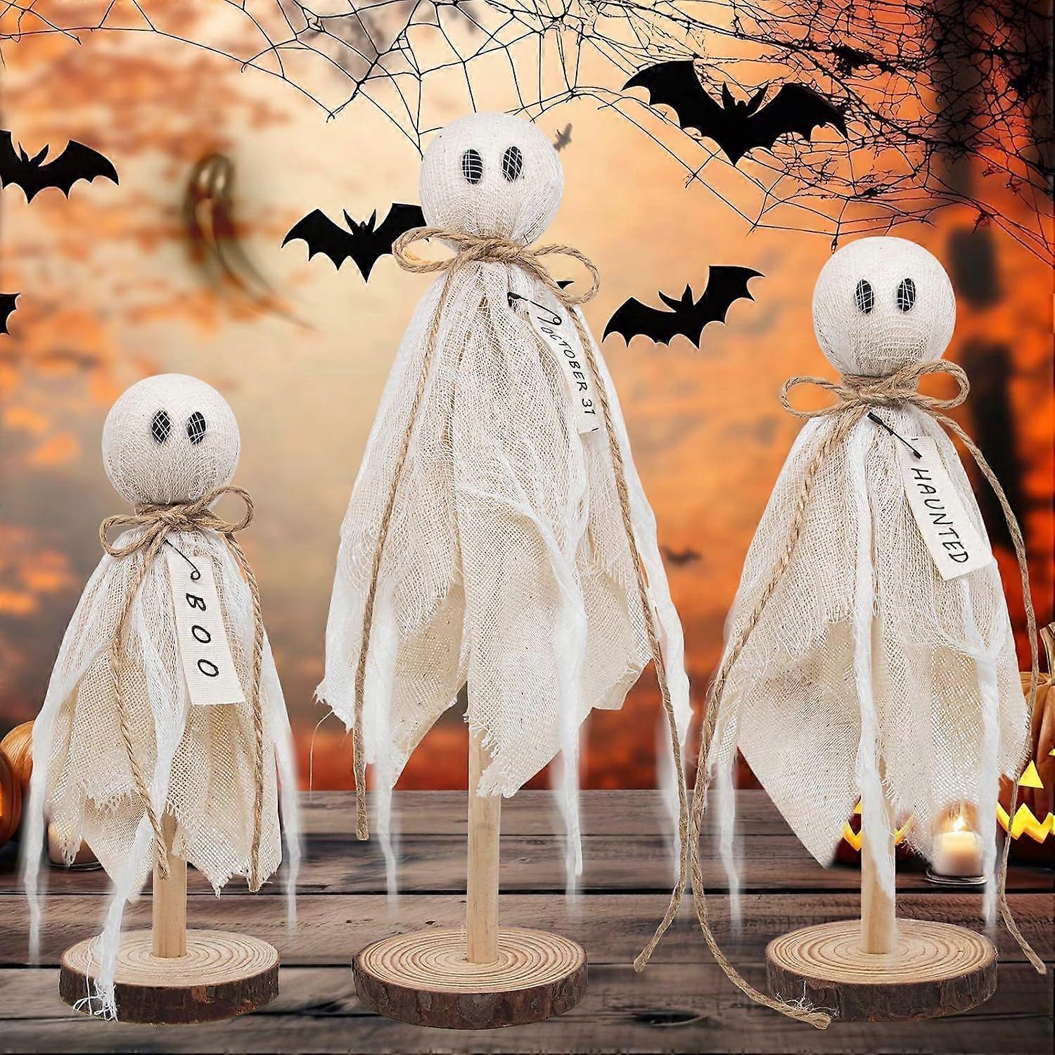 Halloween Wooden Ghost Decorations for Indoors - Set of 3 Sizes, Rustic Shelf Sitters with Fabric Ghost Figures - Halloween Table Decor for Tiered Tra