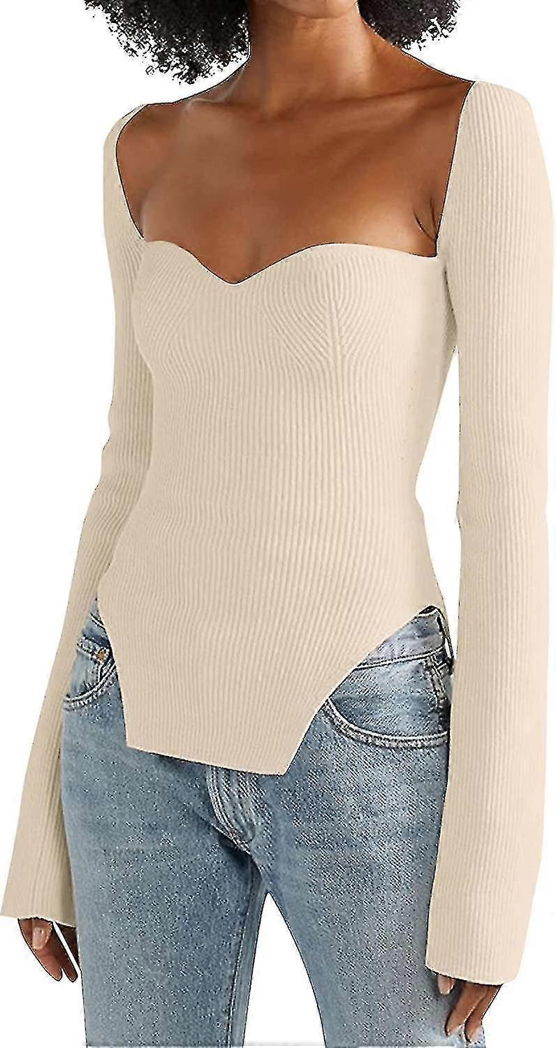 Frauen Square Sweetheart Neck Asymmetrischer Saum Strick Pullover Solid Long Sleeve Slim Fit Strick Pullover Pullover Pullover Tops