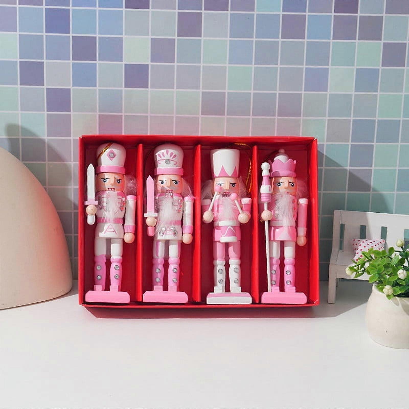 Christmas nutcracker ornaments, 4 pieces 4inch, made of wood, hanging nutcracker, pink nutcracker, soldier for Christmas tree decoration