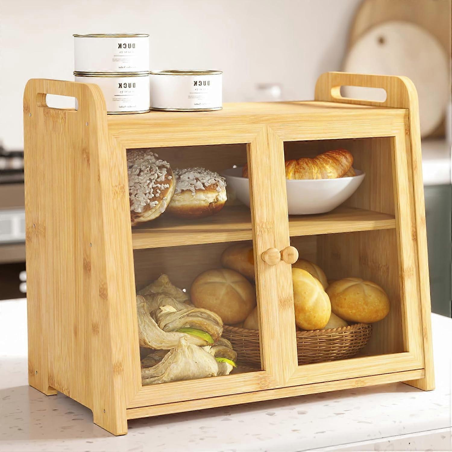 Bamboo Bread Box keep The Bread Fresh For Kitchen Counter-Large Capacity Wooden Bread Storage Container Farmhouse Bread Box with Window Bread Holder