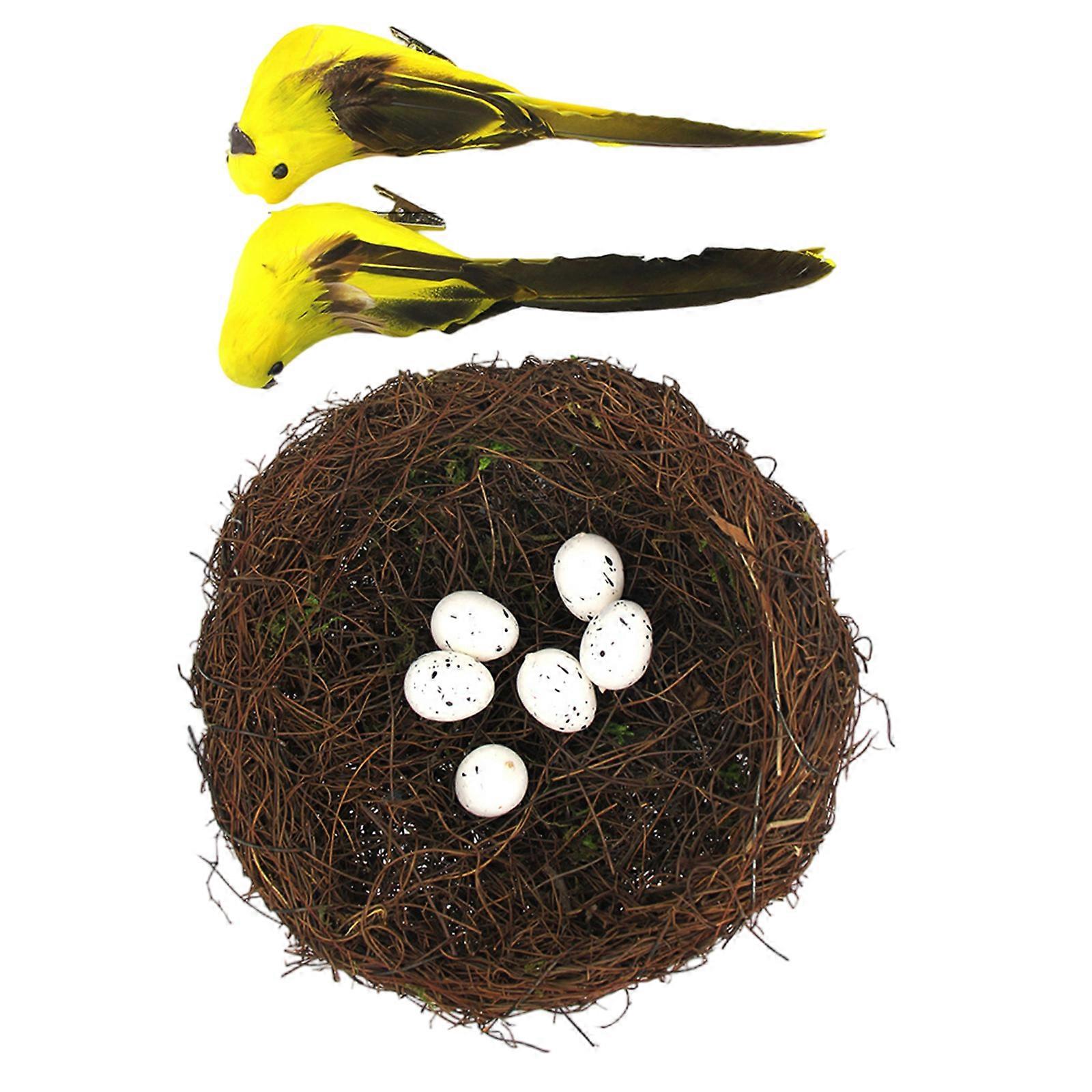 Natural Rattan Birdhouse Basket Set Including Feathered Accent With Faux Eggs For Spring Home Staging Photography Props Multicolor