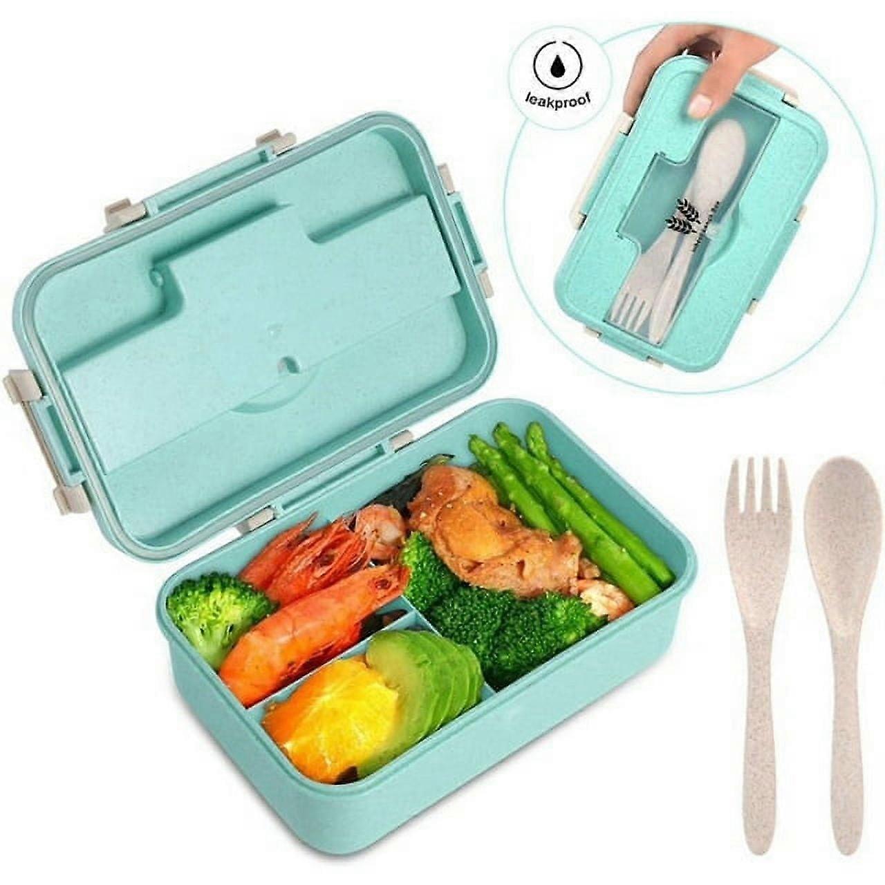Bento Box for Adults, 3-Compartment Wheat Fiber Container, 1200ML, Leak-Proof with Spoon & Fork, Lunch Boxes for Men Women (Green)