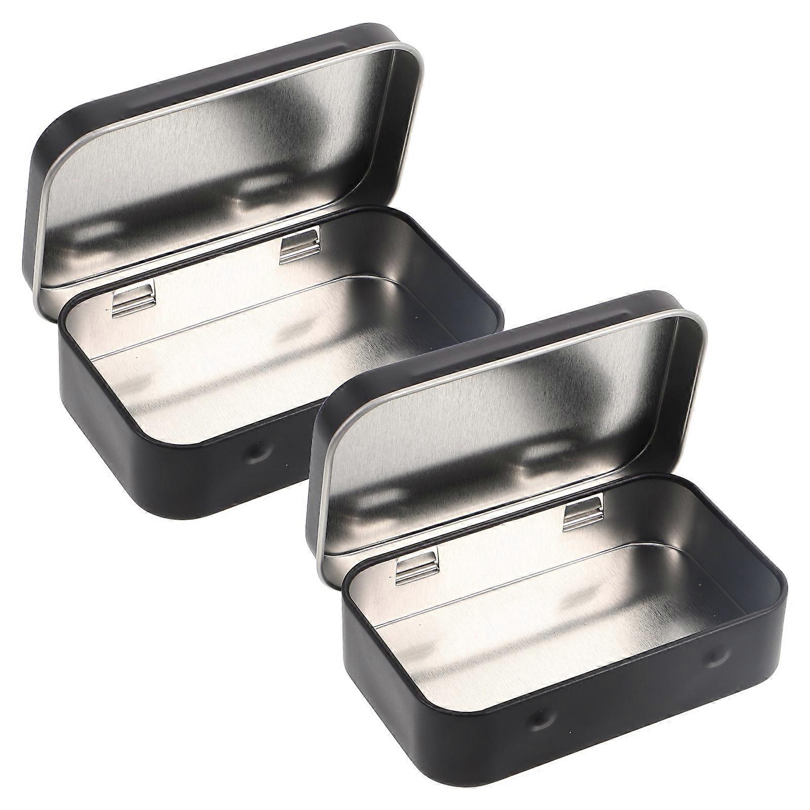 Portable Mini Metal Tin Box for Storage 2Pcs Black Rectangular with Lid