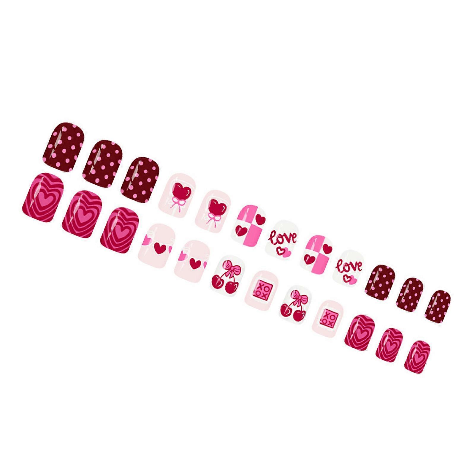 Romantics Cherries Pattern Artificial Nail 24PCS Oval Shape ABS Material for Date Multicolor