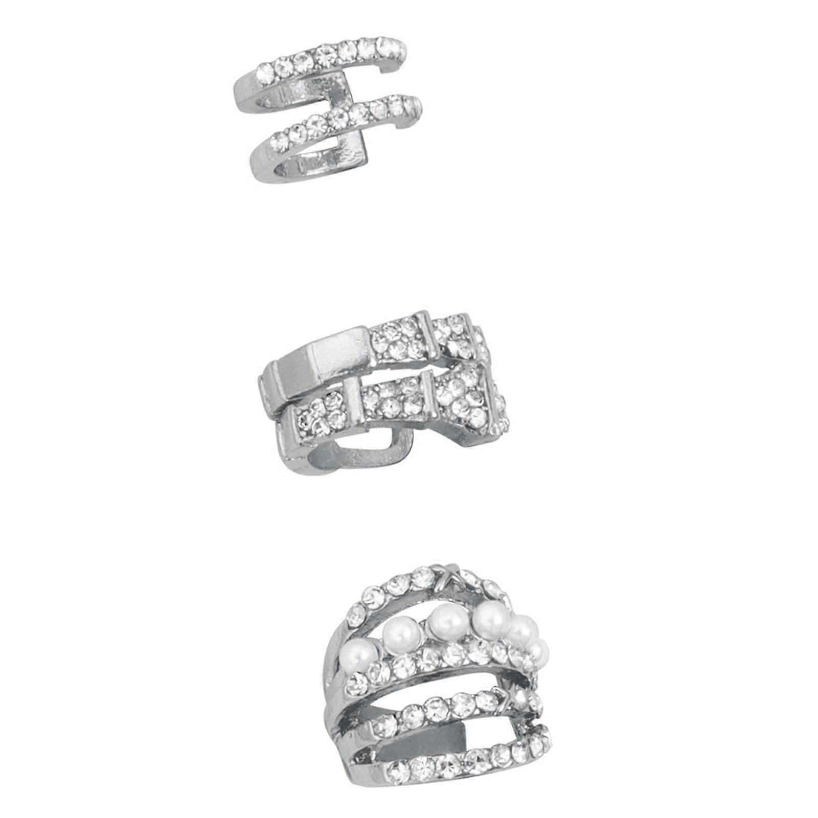 Set of 3 Crystals Encrusted U Shaped Ear Clip with Imitation Pearls Comfortable Ear Accessories Multicolor