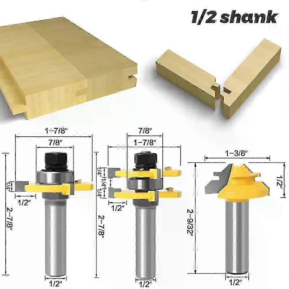3 pc 12mm 1/2 Shank high quality Tongue & Groove Joint Assembly Router Bit 1Pc 45 Degree Lock Miter Route Set Stock Wood Cutting