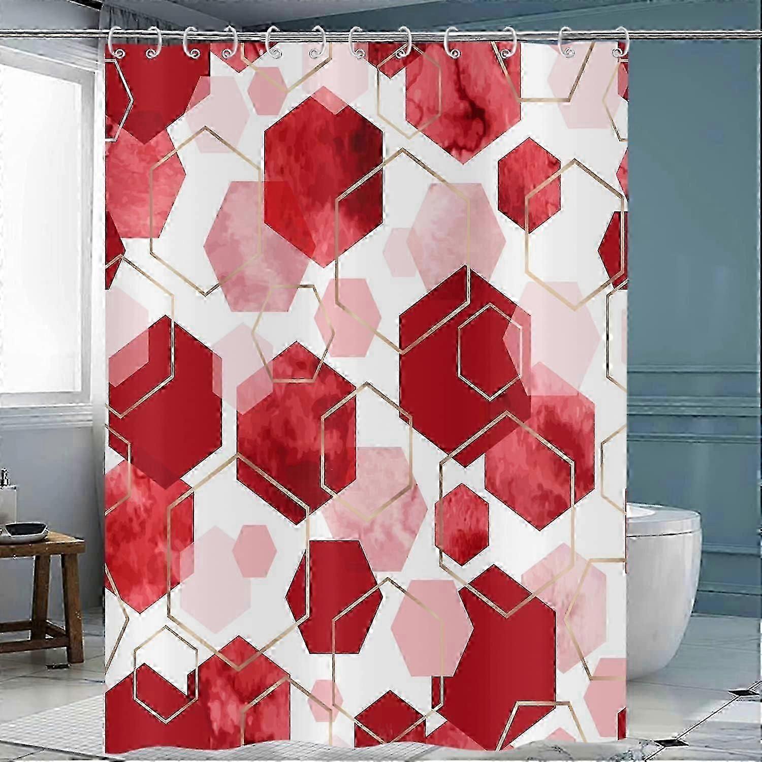 Red Shower Curtain, Red White Abstract Geometric Modern Grid Pattern Minimalist Bath Curtains Waterproof Fabric with Hooks for Home Decor, 72Wx84H