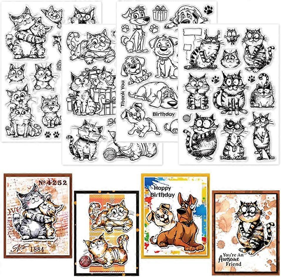 4 Sheets Funny Cat Dog Clear Stamps for Card Making Silicone Transparent Rectangular Decorative-Clear-Stamps