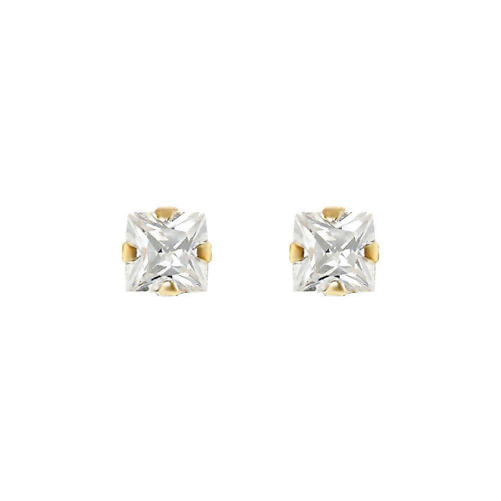 Jewelco London 9ct Yellow Gold White Square Cubic Zirconia Claw Set Solitaire Stud Earrings, 4mm