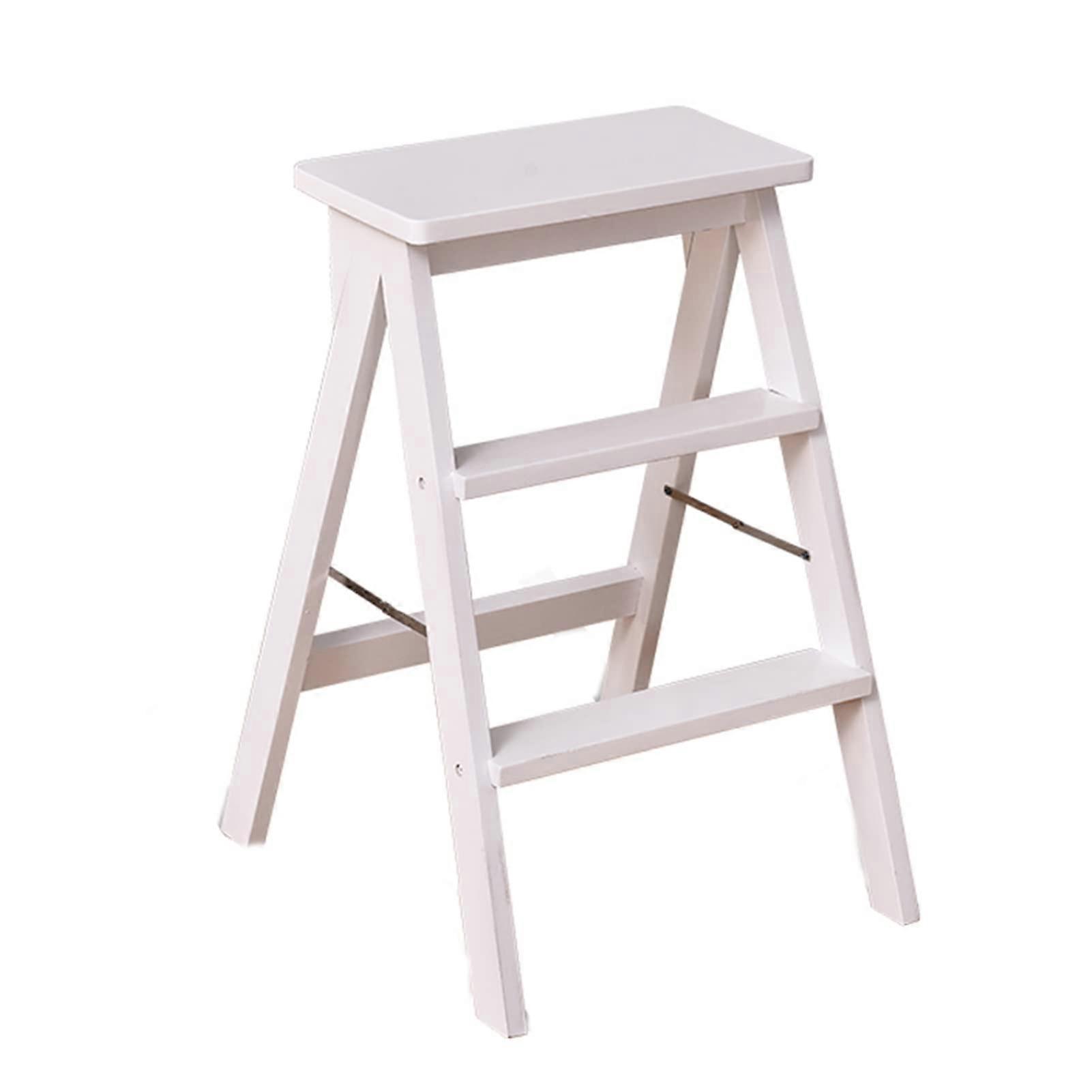 Foldable Wooden Step Stool 3 Tier Ladder Chair with AntiSlip Design for Indoor Kitchen and Office Use, White