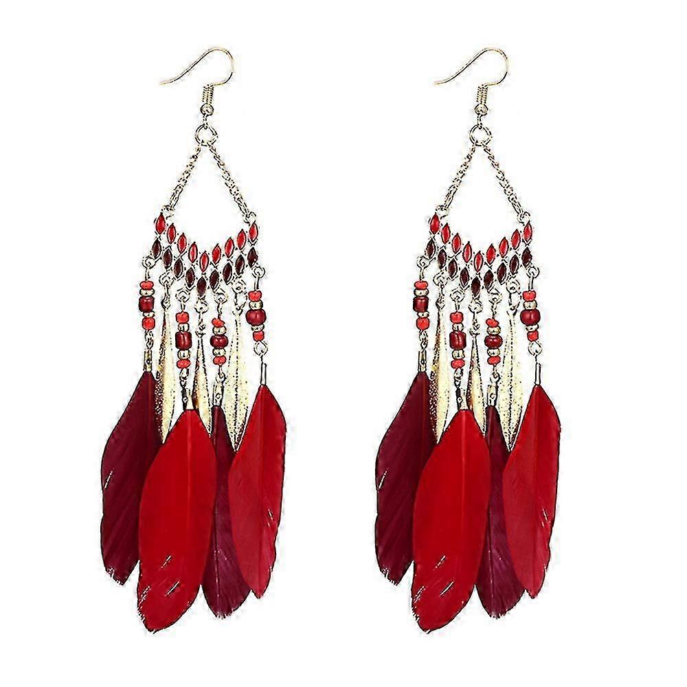 Fringed Beads & Long Feather Earrings Set for Women