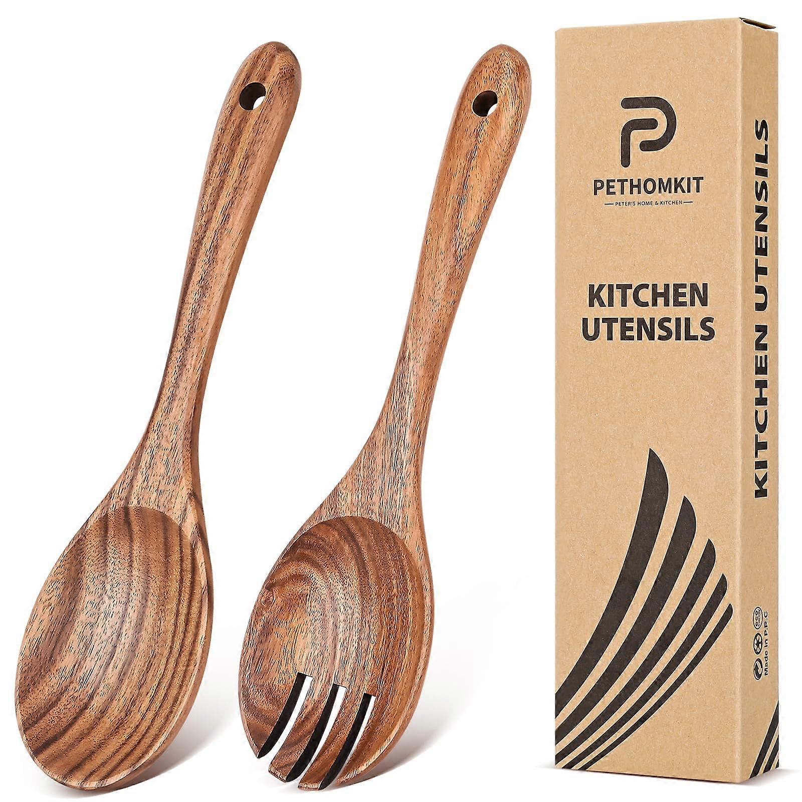 Wooden Salad Servers 10.5 Inch Natural Teak Spoon and Fork Set for Tossing and Mixing