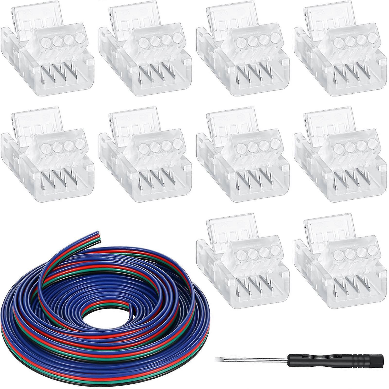 10 Pack 4 Pin LED Strip Light Connectors Waterproof RGB with 16.4ft Extension Cable Solderless
