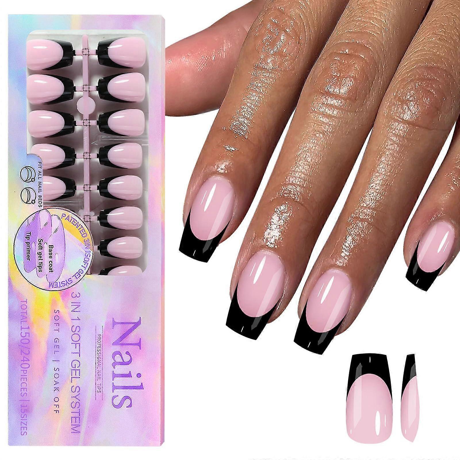 Press On Nails Kit French Tip Fake Nails 15 Sizes Soft Flexible Glossy Reusable Design
